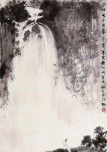 ​他看到的是庐山瀑布吧，傅抱石绘《观瀑图》