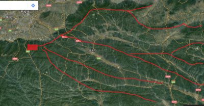 ​秦岭从西安南的终南山东去以后，各“龙脉走向”（卫星图）
