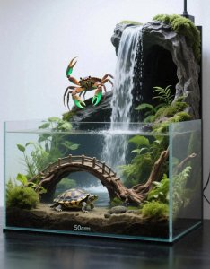 ​新手必看50cm水陆缸造景攻略乌龟恶魔蟹和谐共处，零漏水秘籍公开