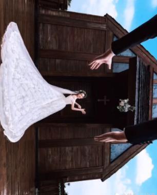 新娘在教堂拍婚纱照,抛绣球调戏老公太扎心,成片只看到一双手